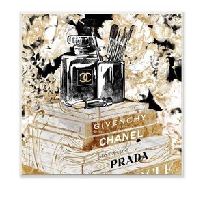 Designer CHANEL PRADA GIVENCY Gold Black Floral Book Stack Canvas Wall Art Decor